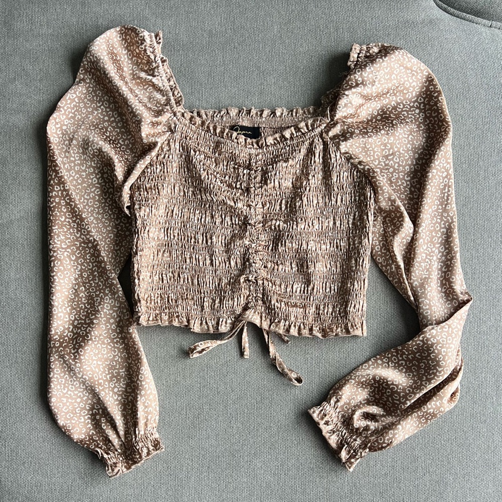 Japna Beige Brown Cheetah Smocked Puff-Sleeve Crop Top